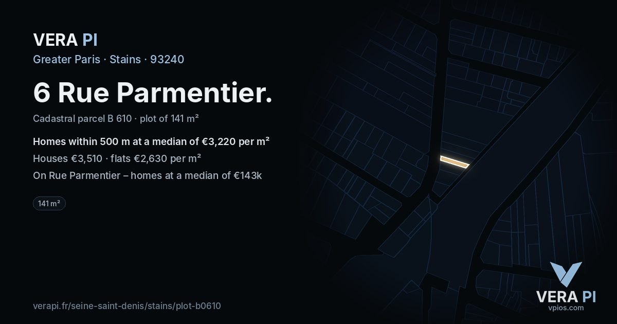 6 Rue Parmentier, Stains at night – the plot lit, the parcels around coloured by the prices near them