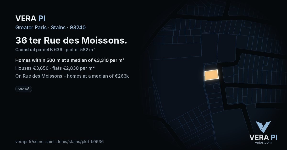 36 ter Rue des Moissons, Stains at night – the plot lit, the parcels around coloured by the prices near them