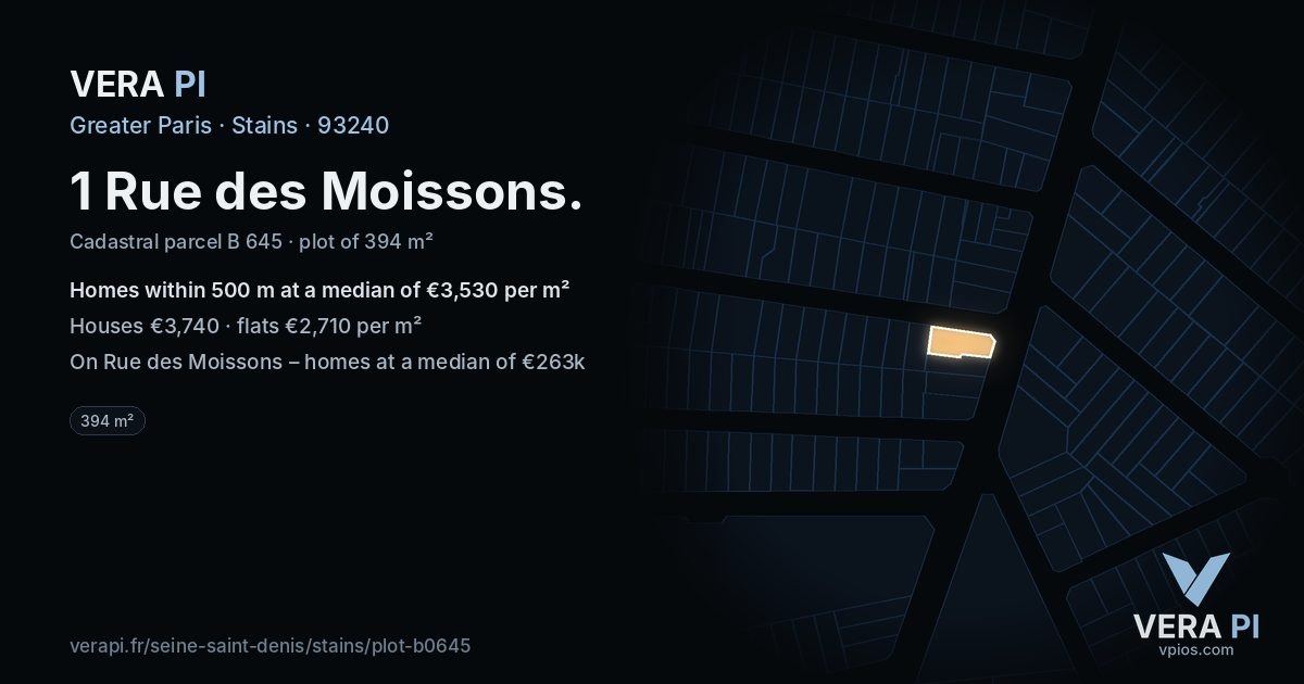 1 Rue des Moissons, Stains at night – the plot lit, the parcels around coloured by the prices near them