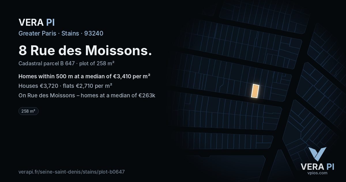 8 Rue des Moissons, Stains at night – the plot lit, the parcels around coloured by the prices near them