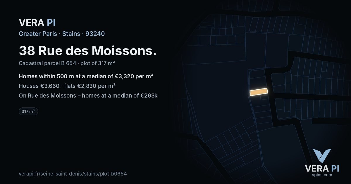 38 Rue des Moissons, Stains at night – the plot lit, the parcels around coloured by the prices near them