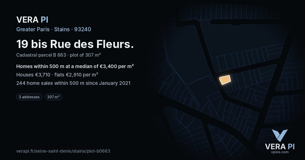 19 bis Rue des Fleurs, Stains at night – the plot lit, the parcels around coloured by the prices near them