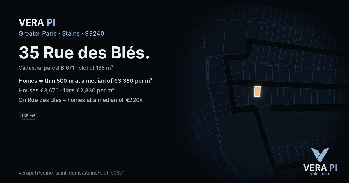 35 Rue des Blés, Stains at night – the plot lit, the parcels around coloured by the prices near them