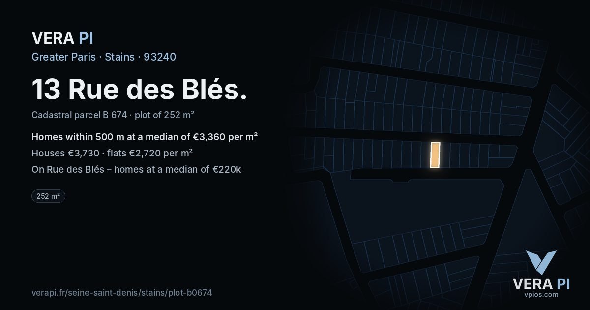 13 Rue des Blés, Stains at night – the plot lit, the parcels around coloured by the prices near them