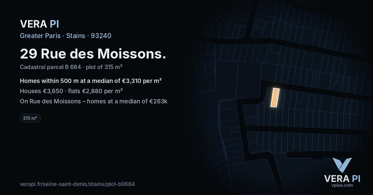 29 Rue des Moissons, Stains at night – the plot lit, the parcels around coloured by the prices near them
