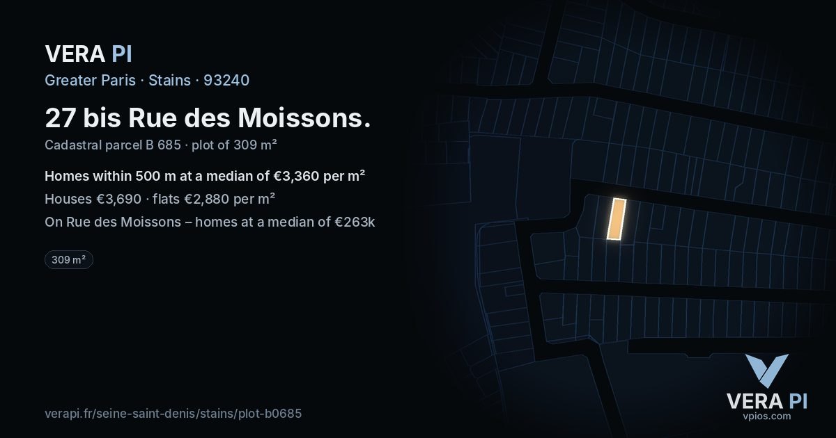 27 bis Rue des Moissons, Stains at night – the plot lit, the parcels around coloured by the prices near them