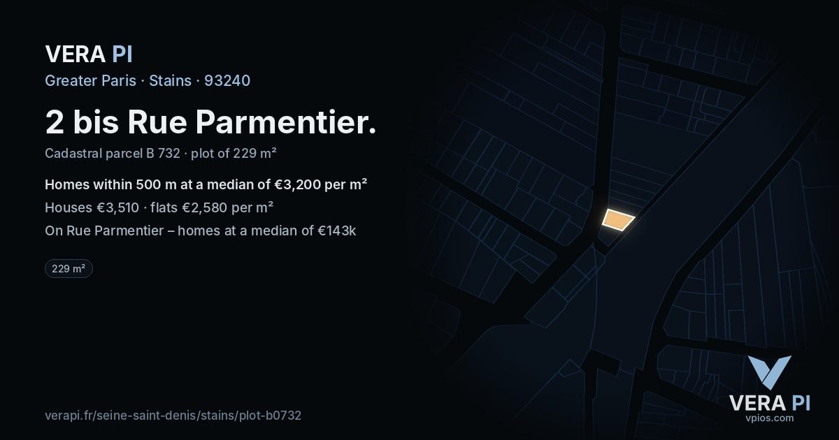2 bis Rue Parmentier, Stains at night – the plot lit, the parcels around coloured by the prices near them