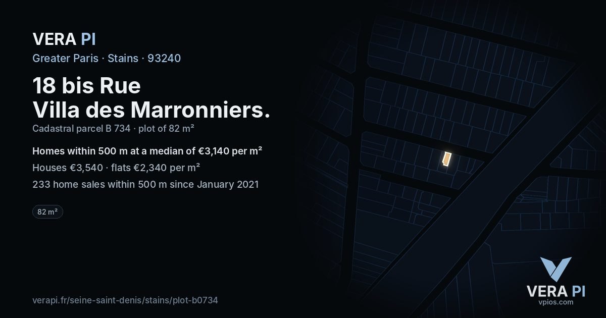 18 bis Rue Villa des Marronniers, Stains at night – the plot lit, the parcels around coloured by the prices near them