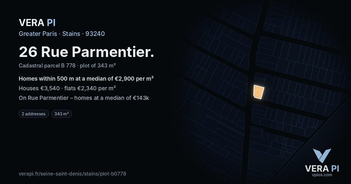 26 Rue Parmentier, Stains at night – the plot lit, the parcels around coloured by the prices near them