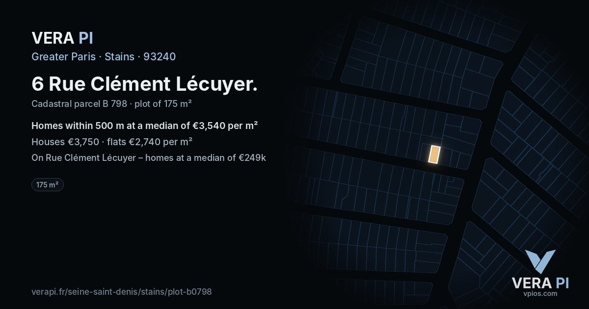 6 Rue Clément Lécuyer, Stains at night – the plot lit, the parcels around coloured by the prices near them