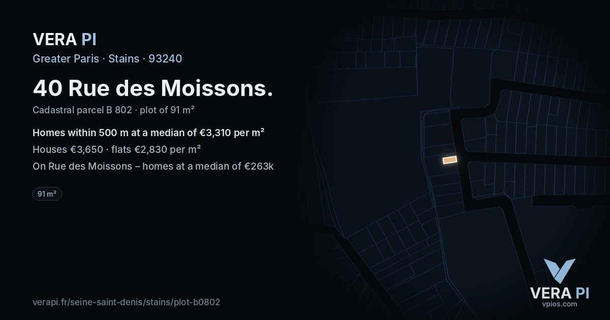 40 Rue des Moissons, Stains at night – the plot lit, the parcels around coloured by the prices near them