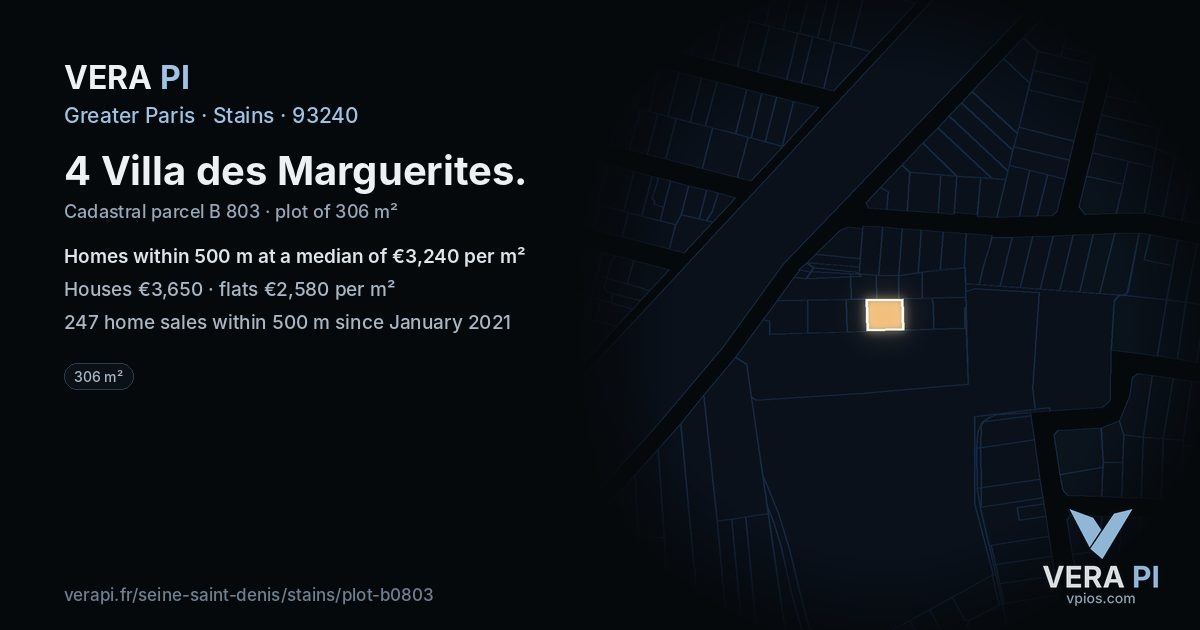 4 Villa des Marguerites, Stains at night – the plot lit, the parcels around coloured by the prices near them