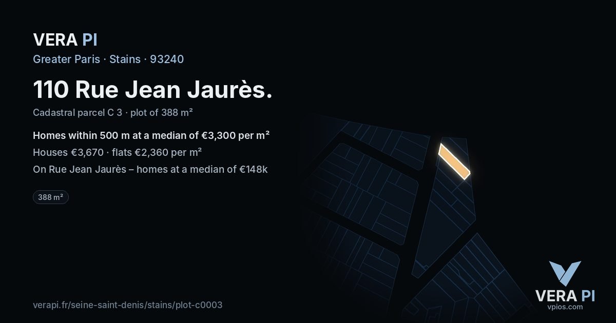 110 Rue Jean Jaurès, Stains at night – the plot lit, the parcels around coloured by the prices near them