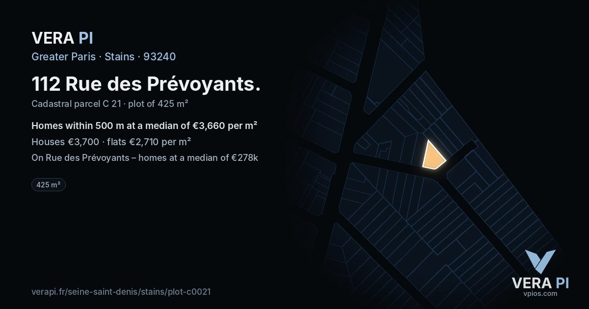 112 Rue des Prévoyants, Stains at night – the plot lit, the parcels around coloured by the prices near them