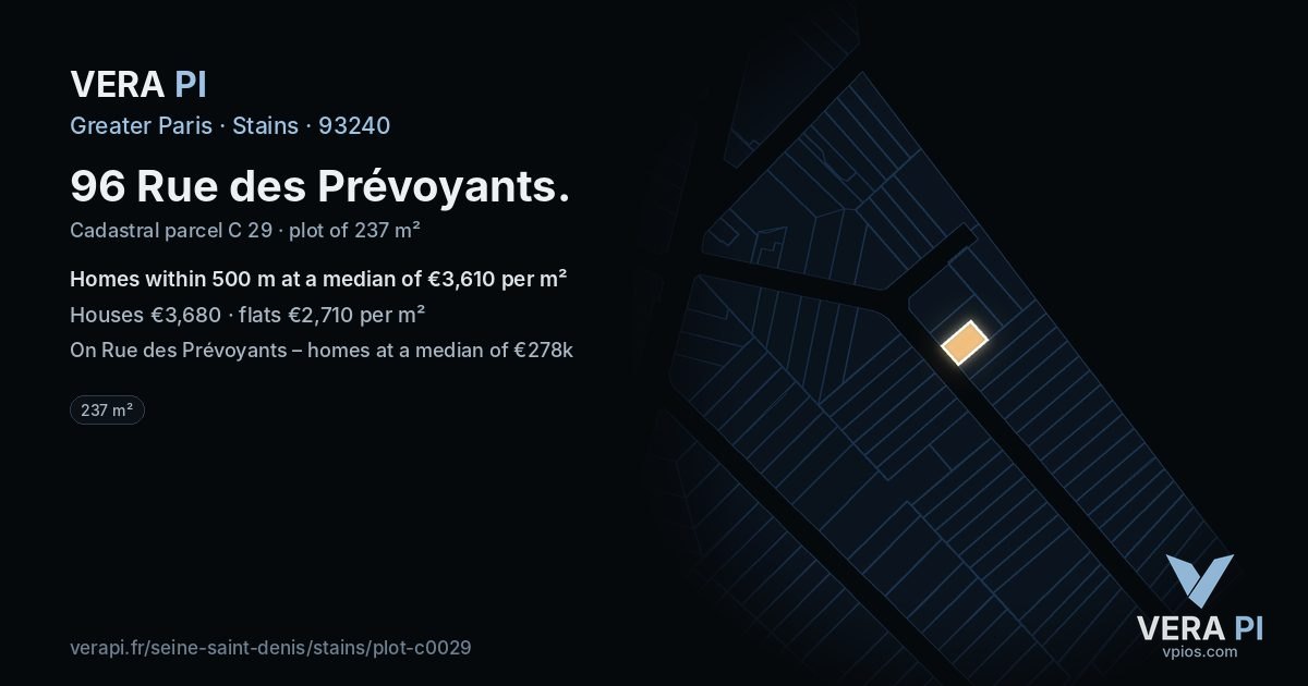 96 Rue des Prévoyants, Stains at night – the plot lit, the parcels around coloured by the prices near them