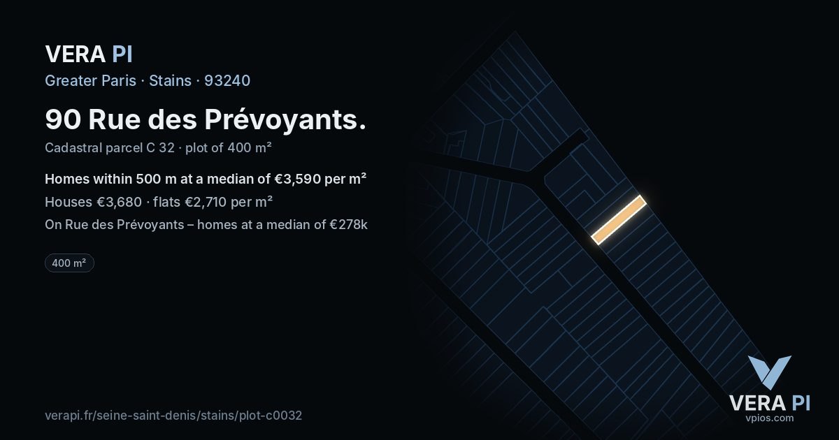 90 Rue des Prévoyants, Stains at night – the plot lit, the parcels around coloured by the prices near them
