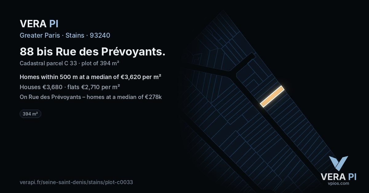 88 bis Rue des Prévoyants, Stains at night – the plot lit, the parcels around coloured by the prices near them