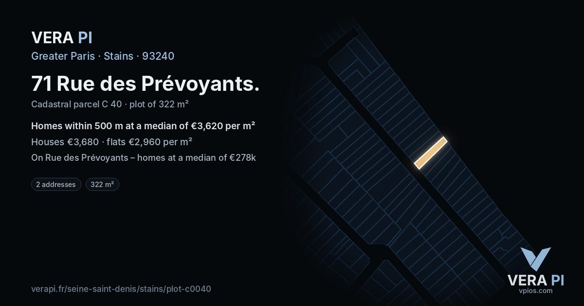71 Rue des Prévoyants, Stains at night – the plot lit, the parcels around coloured by the prices near them