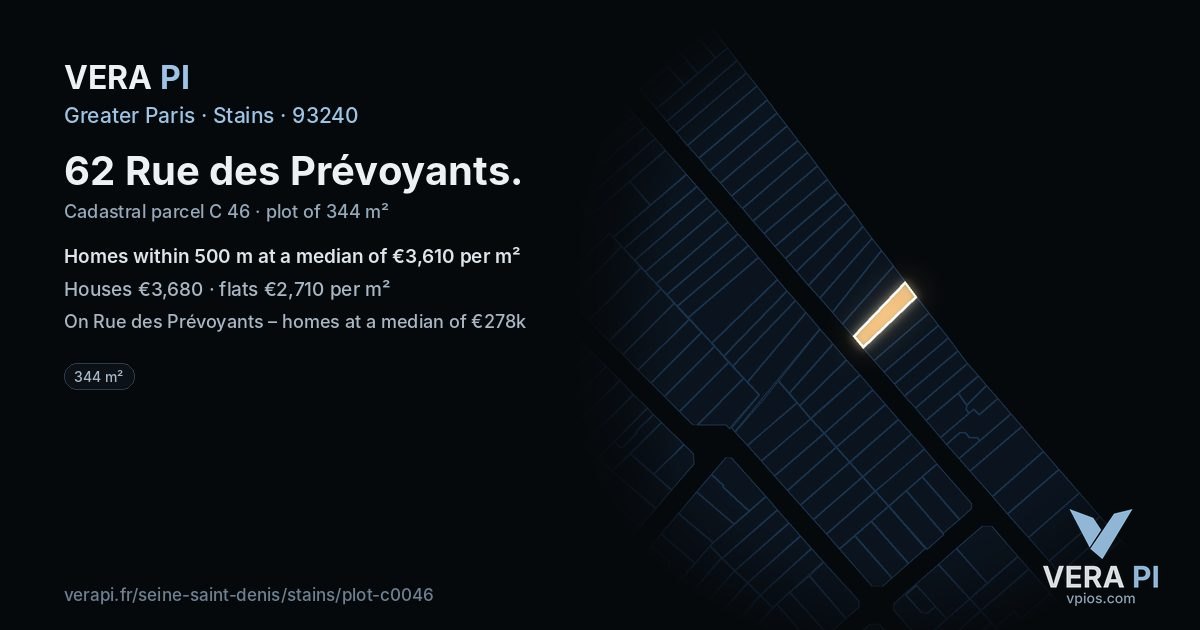 62 Rue des Prévoyants, Stains at night – the plot lit, the parcels around coloured by the prices near them