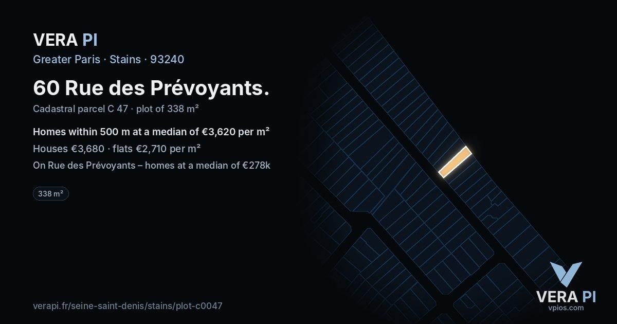 60 Rue des Prévoyants, Stains at night – the plot lit, the parcels around coloured by the prices near them
