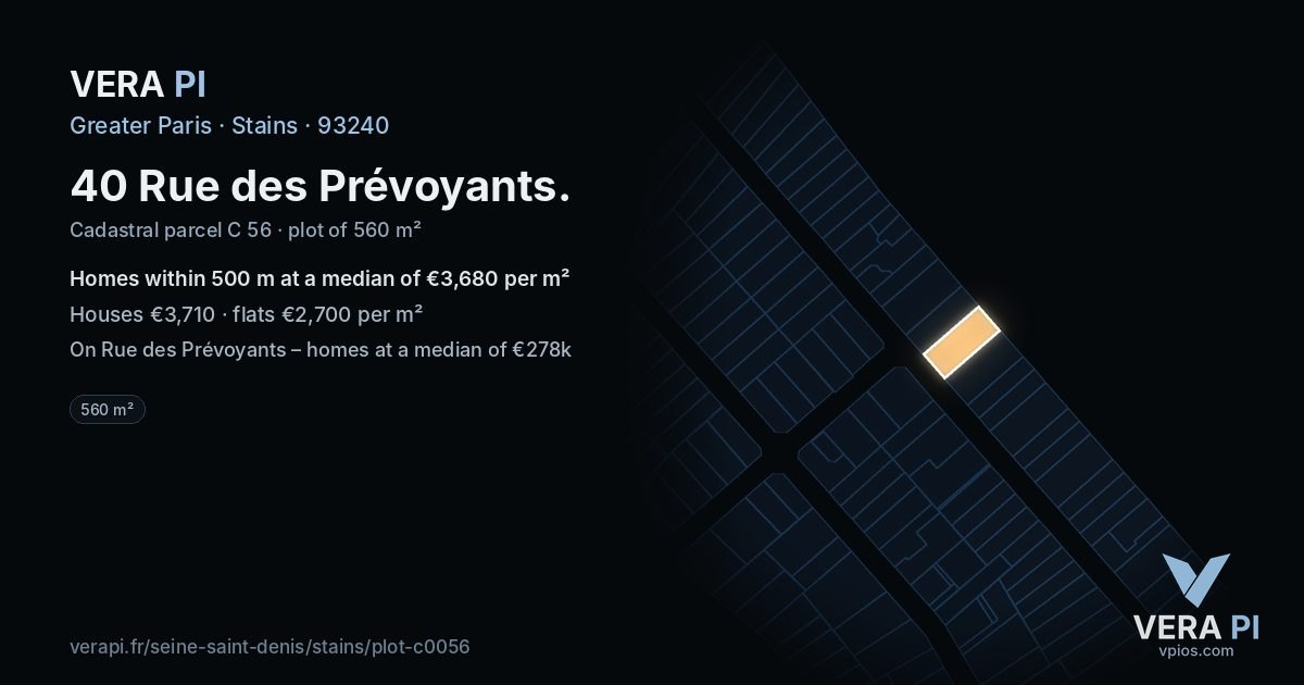 40 Rue des Prévoyants, Stains at night – the plot lit, the parcels around coloured by the prices near them