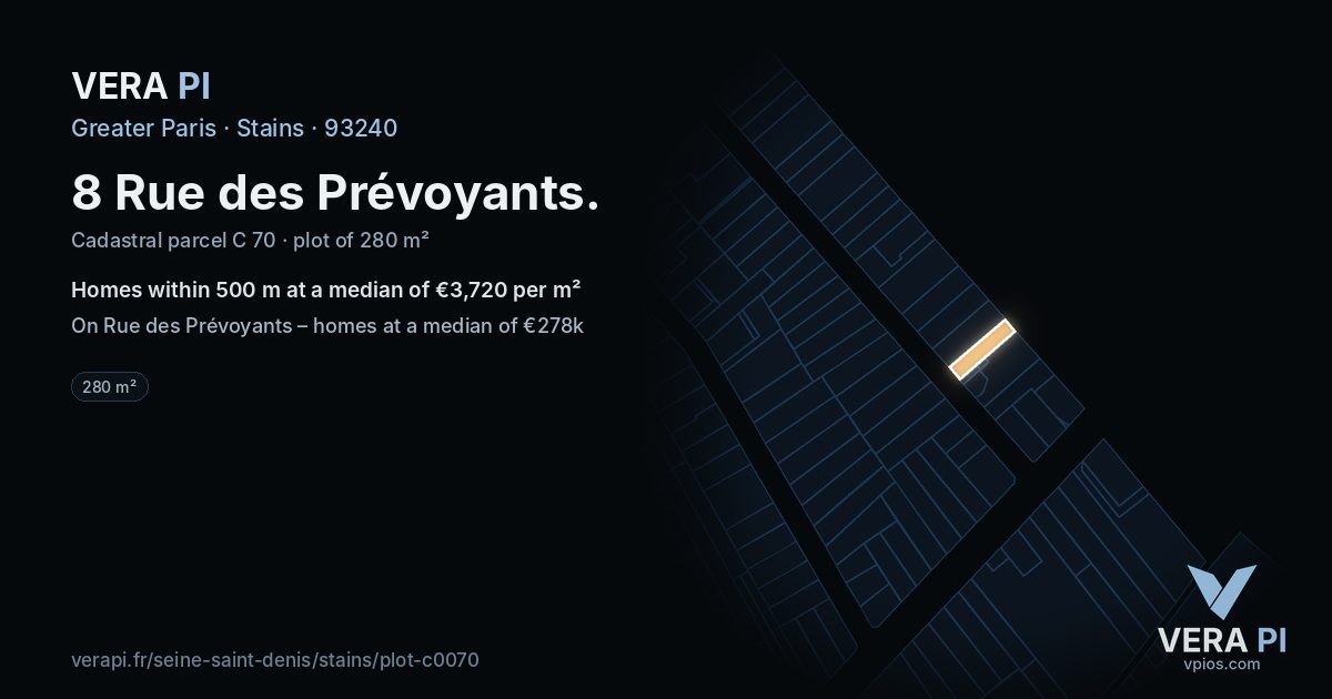 8 Rue des Prévoyants, Stains at night – the plot lit, the parcels around coloured by the prices near them
