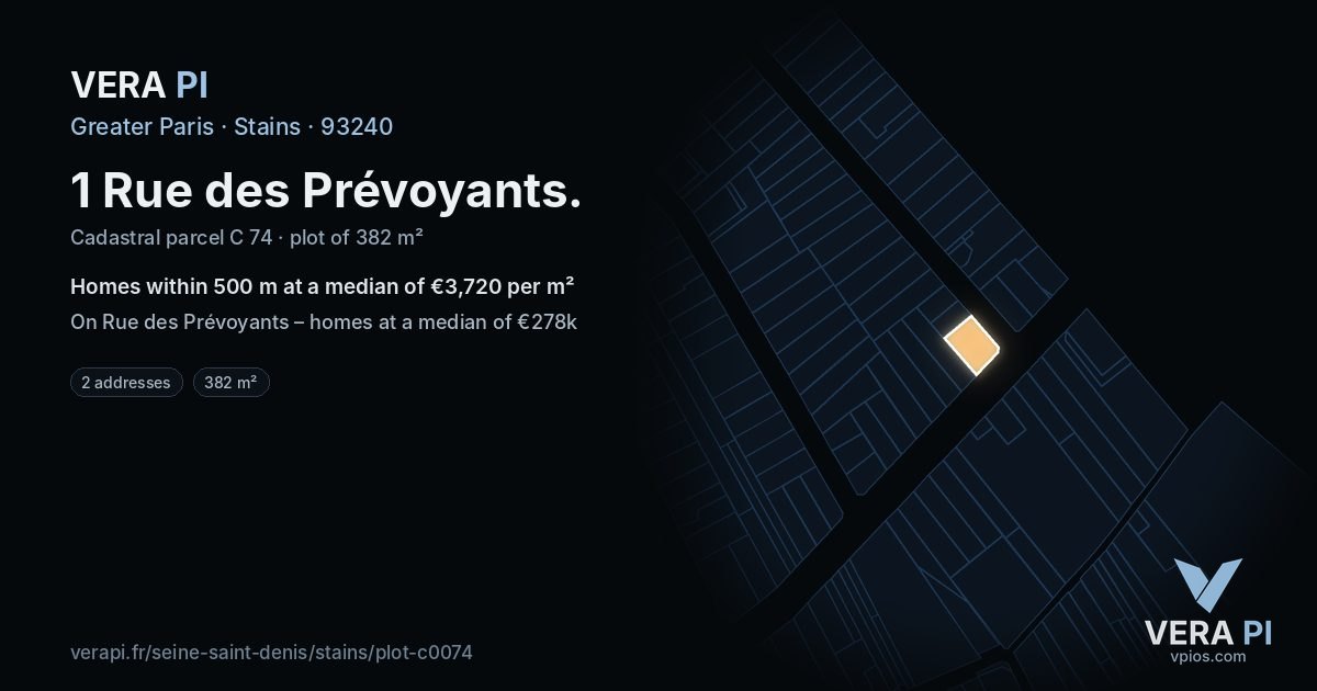 1 Rue des Prévoyants, Stains at night – the plot lit, the parcels around coloured by the prices near them