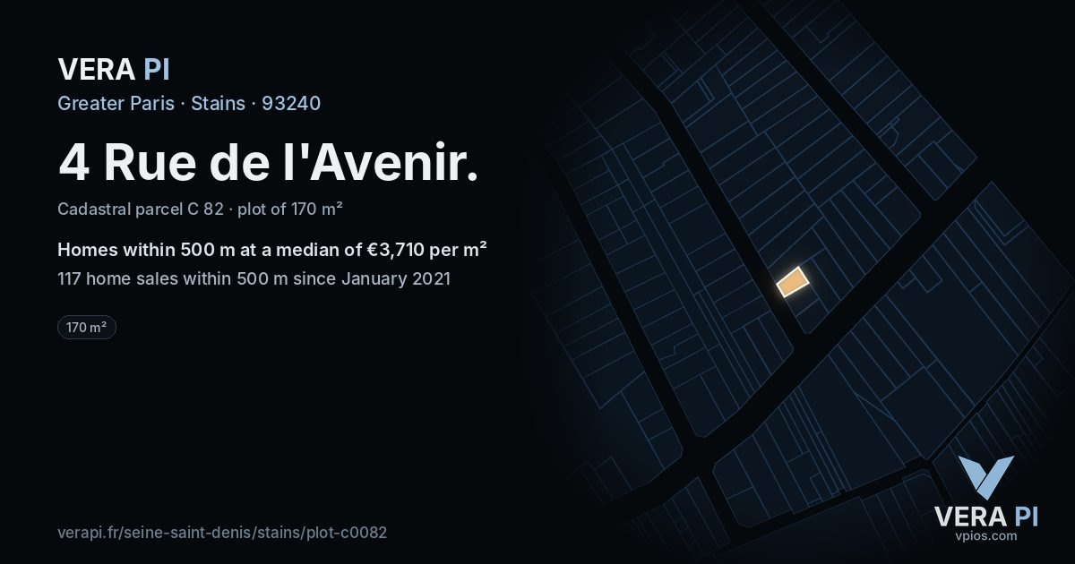 4 Rue de l'Avenir, Stains at night – the plot lit, the parcels around coloured by the prices near them