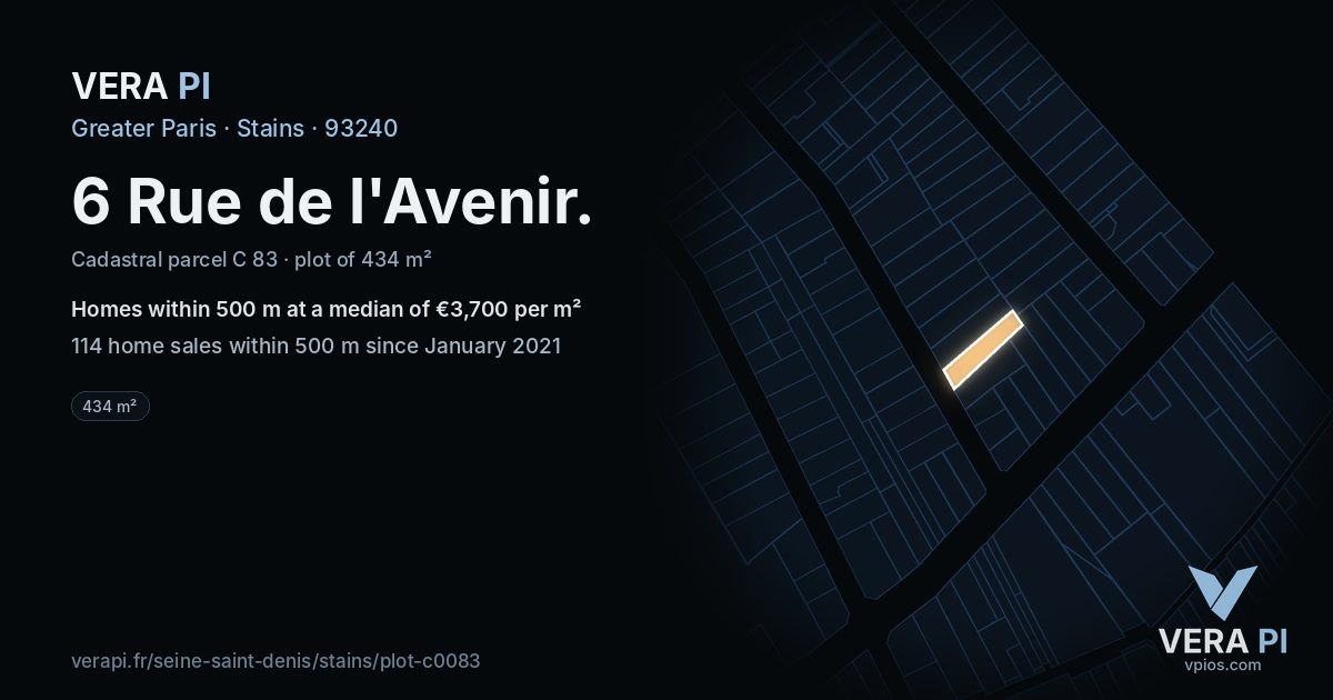 6 Rue de l'Avenir, Stains at night – the plot lit, the parcels around coloured by the prices near them