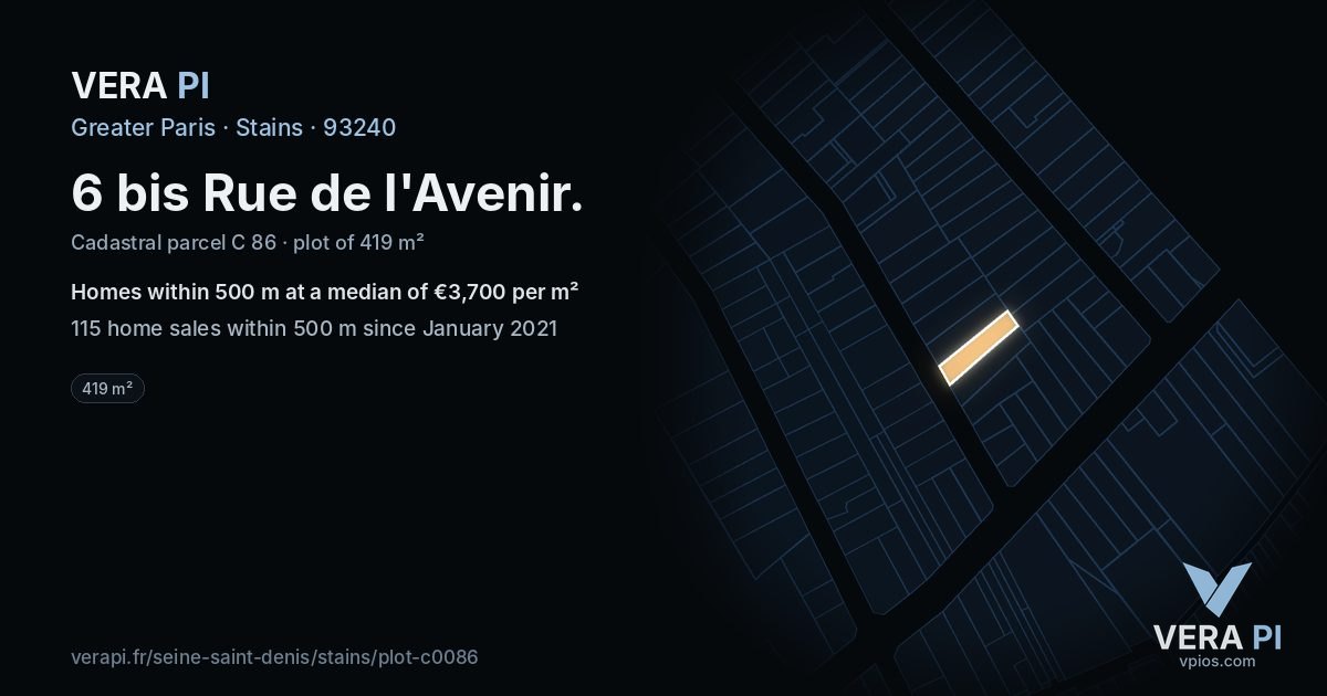 6 bis Rue de l'Avenir, Stains at night – the plot lit, the parcels around coloured by the prices near them
