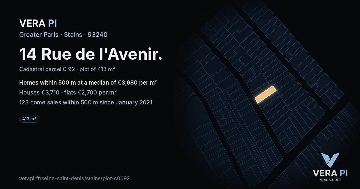 14 Rue de l'Avenir, Stains at night – the plot lit, the parcels around coloured by the prices near them