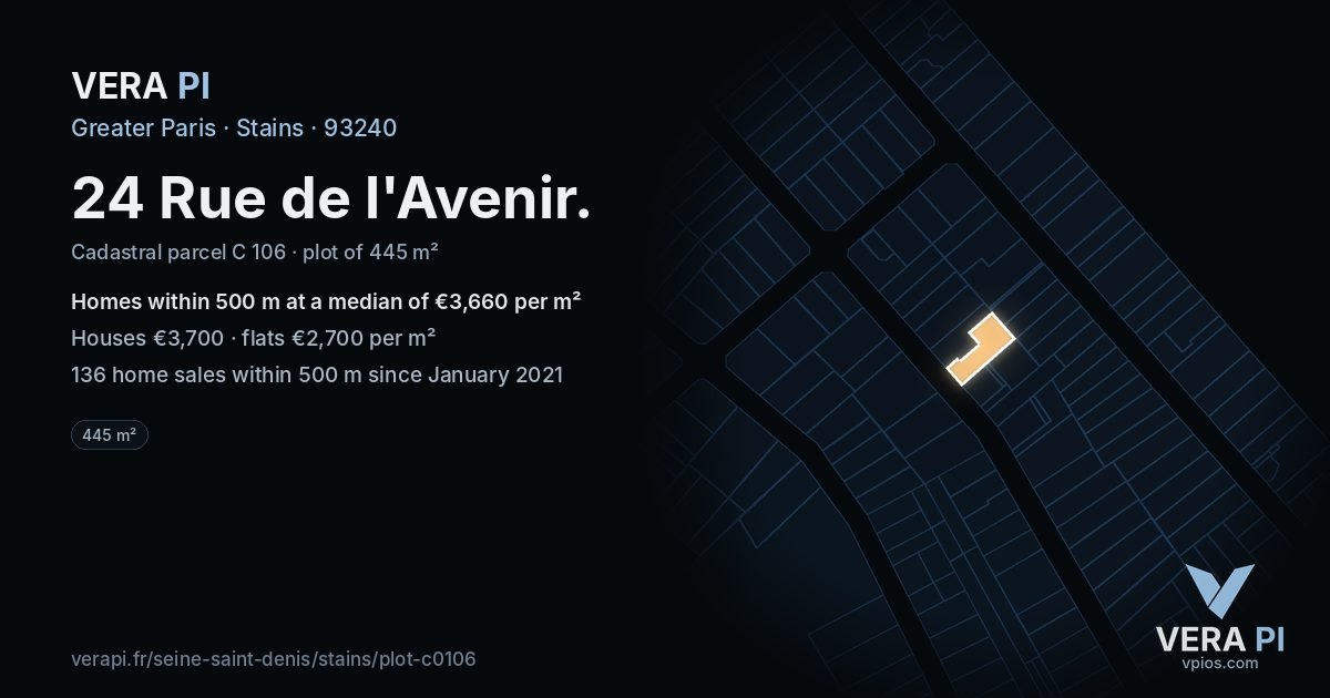24 Rue de l'Avenir, Stains at night – the plot lit, the parcels around coloured by the prices near them