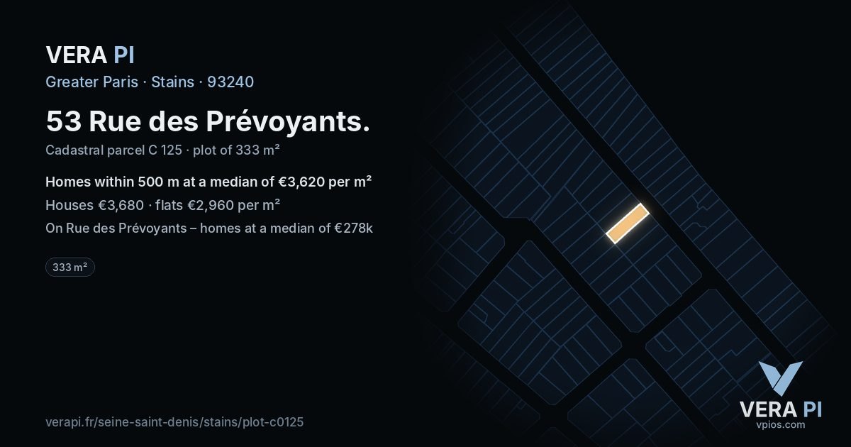 53 Rue des Prévoyants, Stains at night – the plot lit, the parcels around coloured by the prices near them