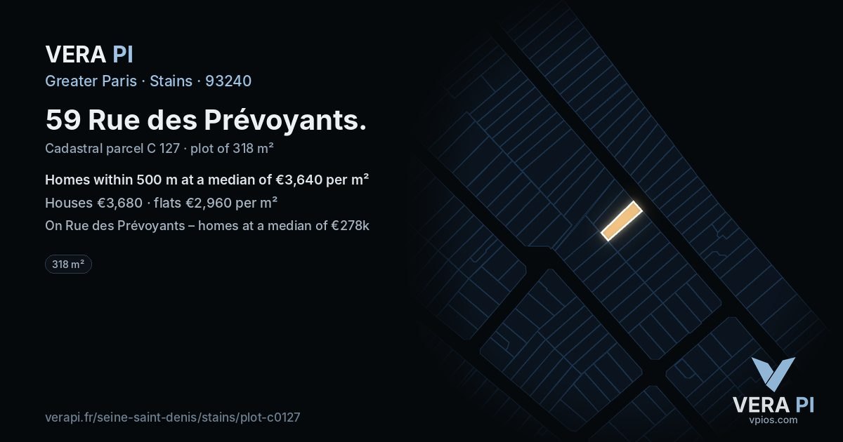 59 Rue des Prévoyants, Stains at night – the plot lit, the parcels around coloured by the prices near them