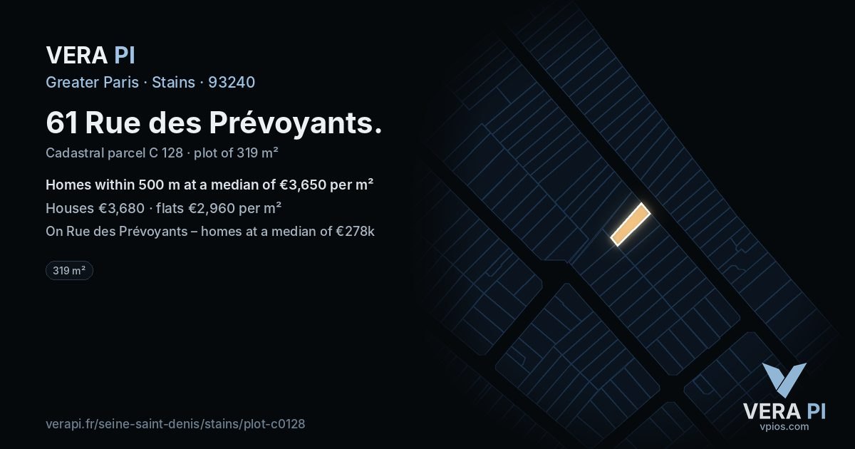 61 Rue des Prévoyants, Stains at night – the plot lit, the parcels around coloured by the prices near them