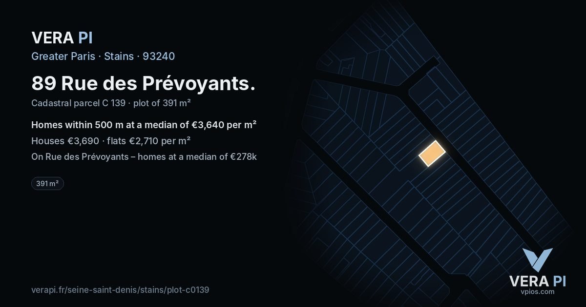 89 Rue des Prévoyants, Stains at night – the plot lit, the parcels around coloured by the prices near them