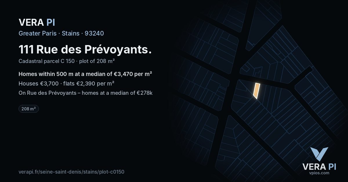 111 Rue des Prévoyants, Stains at night – the plot lit, the parcels around coloured by the prices near them