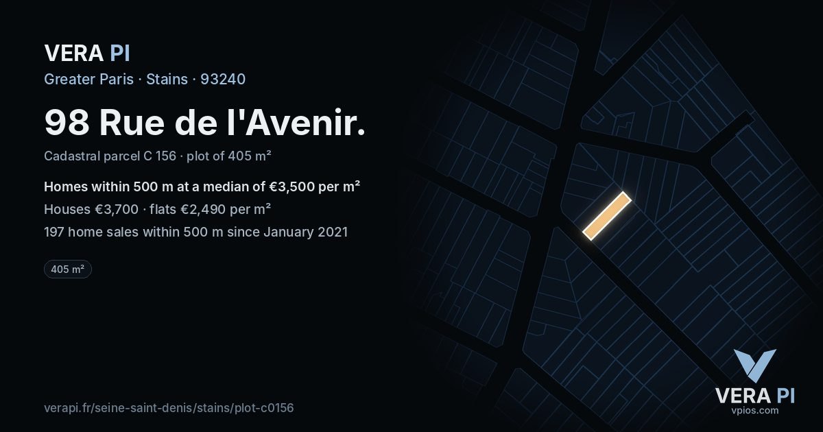 98 Rue de l'Avenir, Stains at night – the plot lit, the parcels around coloured by the prices near them