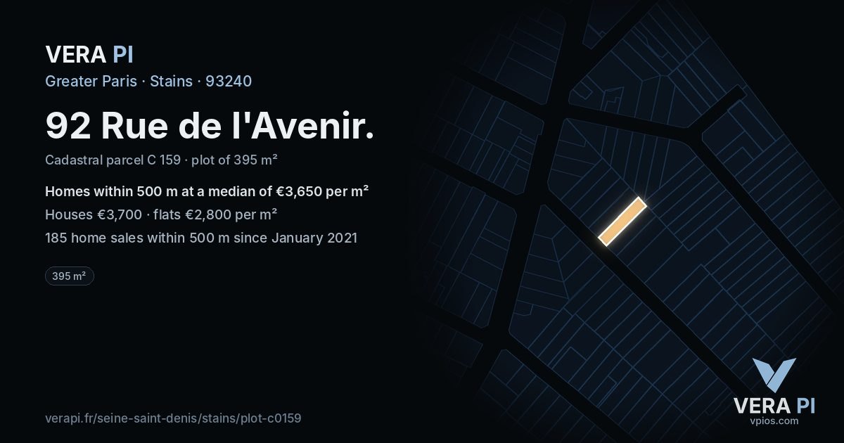 92 Rue de l'Avenir, Stains at night – the plot lit, the parcels around coloured by the prices near them