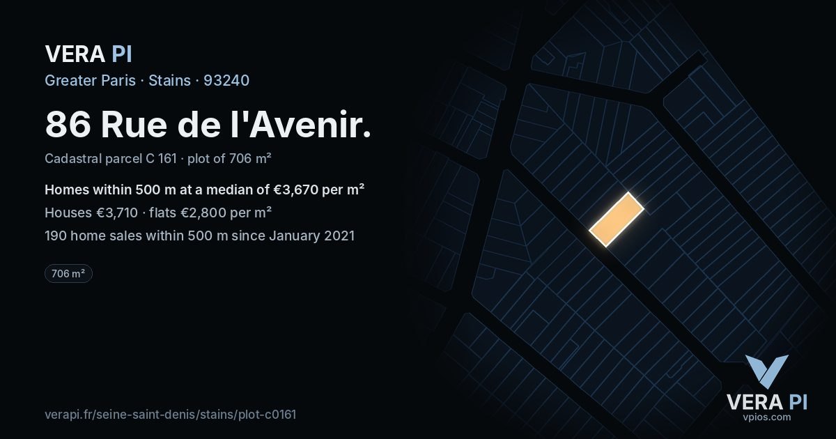 86 Rue de l'Avenir, Stains at night – the plot lit, the parcels around coloured by the prices near them