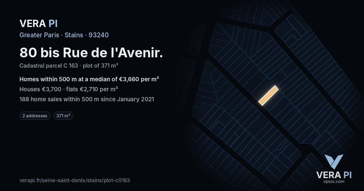 80 bis Rue de l'Avenir, Stains at night – the plot lit, the parcels around coloured by the prices near them