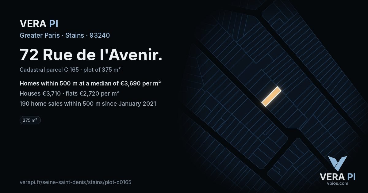 72 Rue de l'Avenir, Stains at night – the plot lit, the parcels around coloured by the prices near them