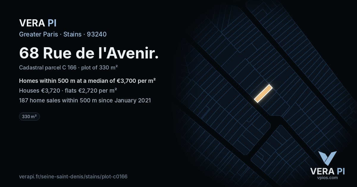 68 Rue de l'Avenir, Stains at night – the plot lit, the parcels around coloured by the prices near them