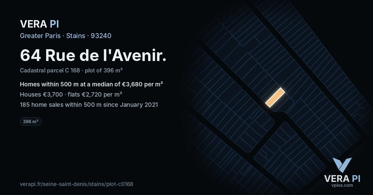 64 Rue de l'Avenir, Stains at night – the plot lit, the parcels around coloured by the prices near them