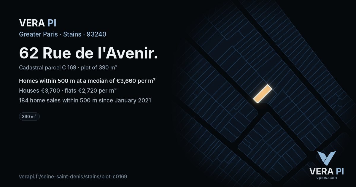 62 Rue de l'Avenir, Stains at night – the plot lit, the parcels around coloured by the prices near them