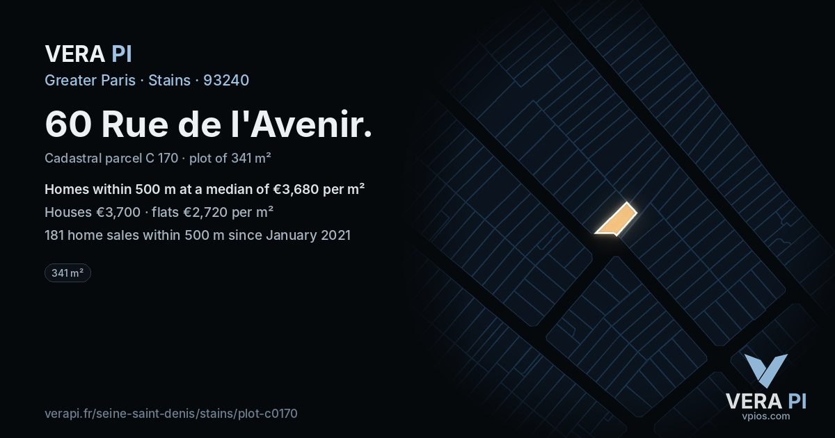 60 Rue de l'Avenir, Stains at night – the plot lit, the parcels around coloured by the prices near them