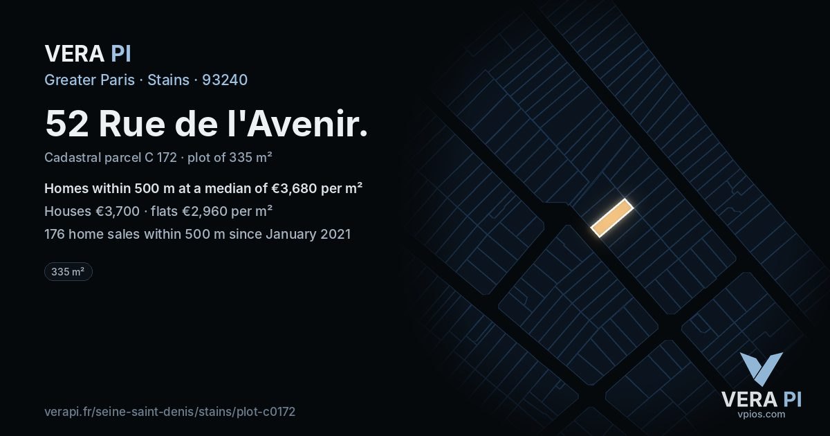 52 Rue de l'Avenir, Stains at night – the plot lit, the parcels around coloured by the prices near them