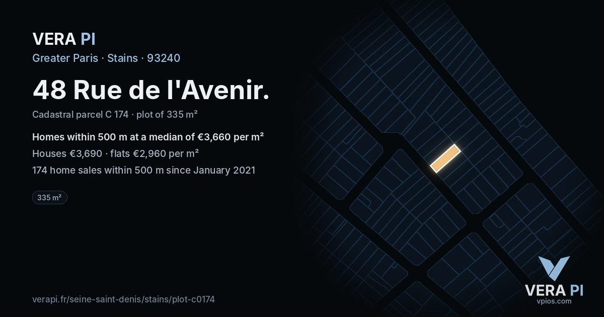48 Rue de l'Avenir, Stains at night – the plot lit, the parcels around coloured by the prices near them