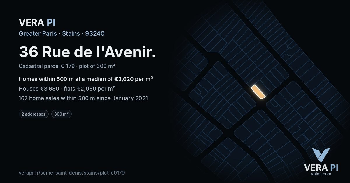 36 Rue de l'Avenir, Stains at night – the plot lit, the parcels around coloured by the prices near them
