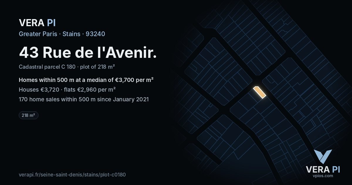 43 Rue de l'Avenir, Stains at night – the plot lit, the parcels around coloured by the prices near them